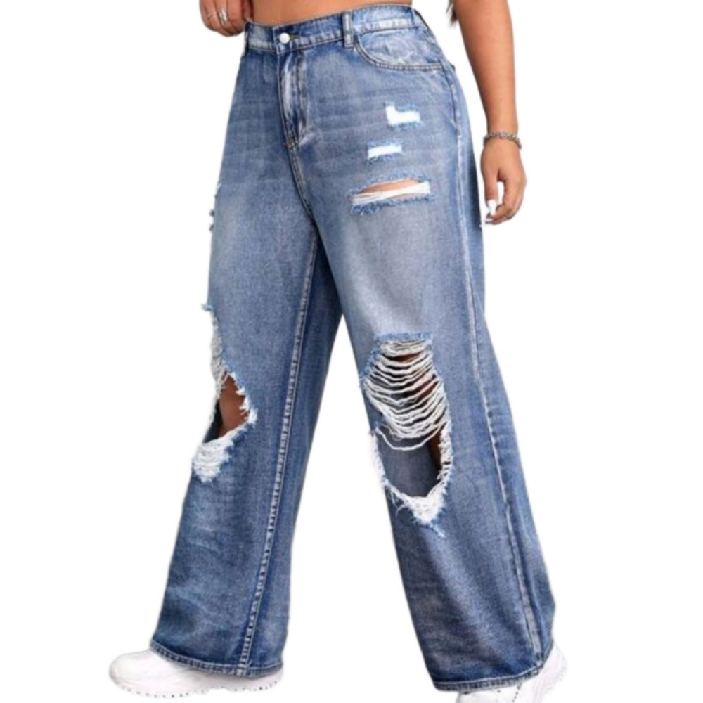 Womens Boyfriend Trendy Wide Leg Distressed Jeans Sz 2x